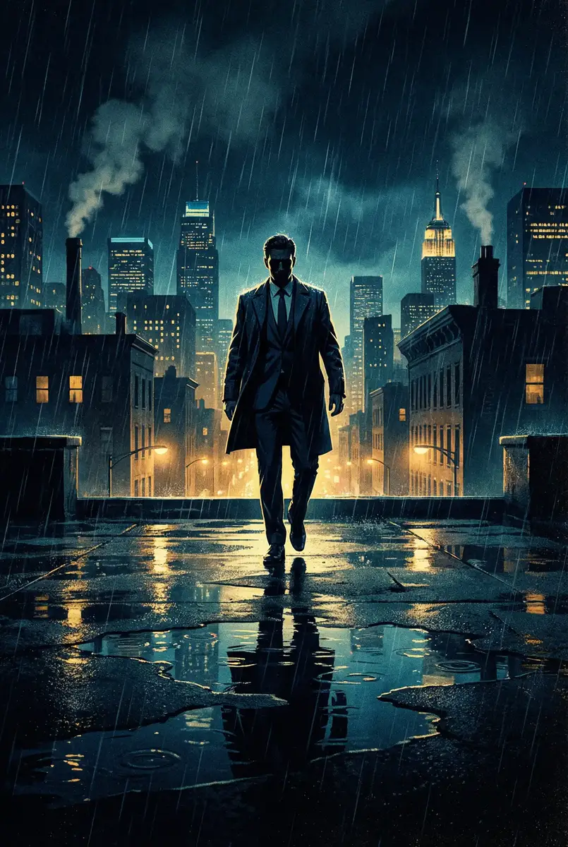 在线新版资源中文 出品影片《雨夜独行者》海报，雨中城市屋顶男性剪影